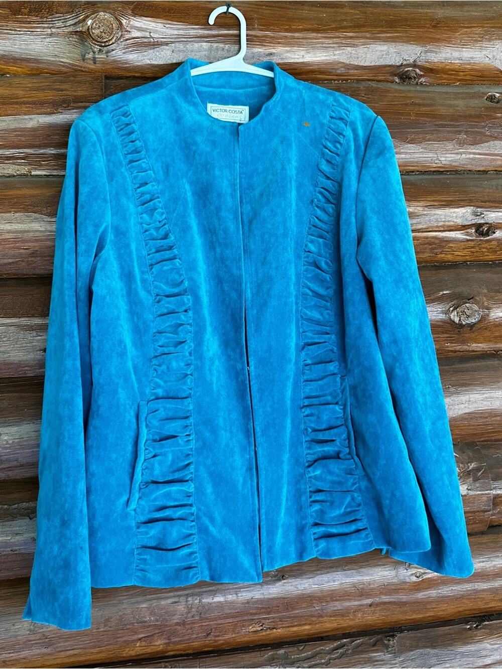 Vintage Victor Costa Occasion Turquoise Faux Suede Ruffle Jacket Large